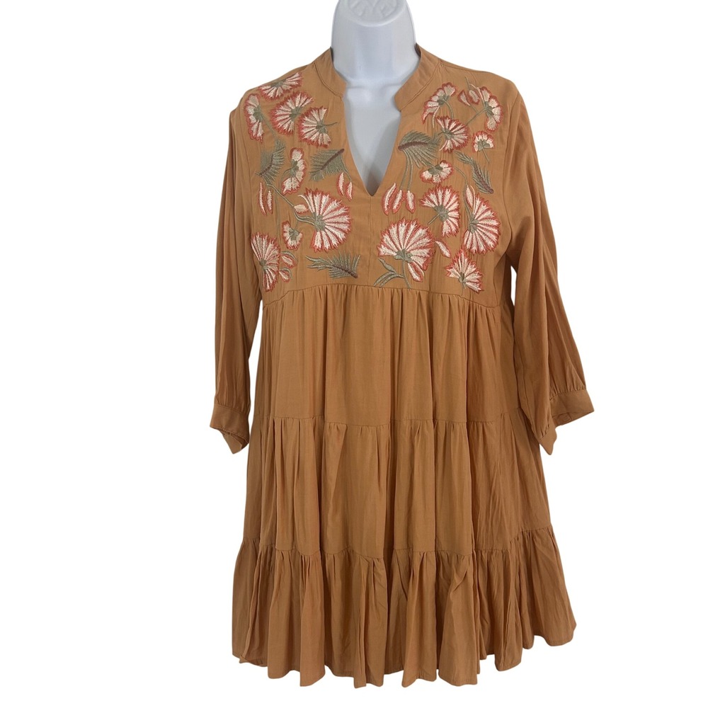 NWOT Entro‎ Women's M Boho Floral Embroidered Tiered Mini Dress Camel Babydoll